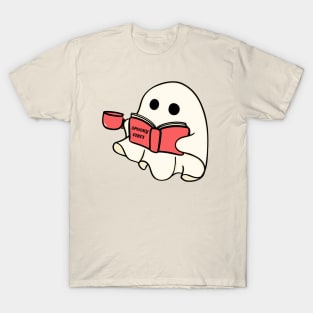 Cute Retro Halloween Ghost Reading Book And Drinking Coffee T-Shirt